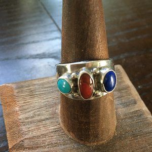 Vintage Native American Turquoise Lapis Coral Ring